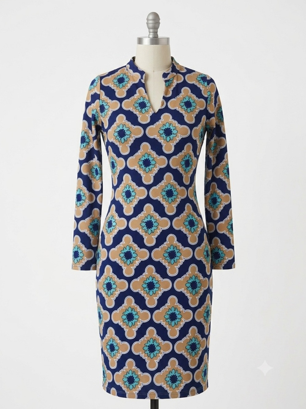 Tracy Negoshian Geometric Floral Medallion V-Neck Shift Dress XS